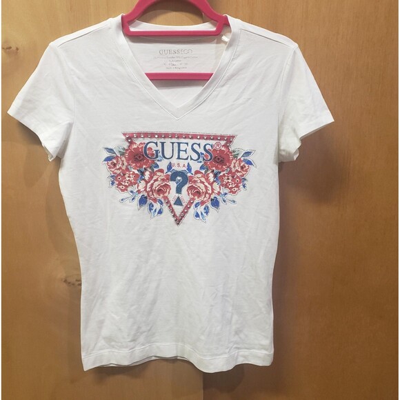 GUESS Women's Embellished Logo V-Neck T-Shirt Sz Medium Great Condition! - Picture 1 of 5